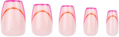 A set of five artificial nails with pink tips and orange lines, varying in size from large to small.