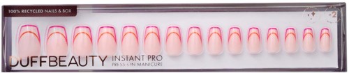 A box of pressed on nails with pink tips, labeled DUFF BEAUTY INSTANT PRO, made from recycled materials.