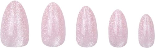 Five pink, glittery artificial nails arranged from largest to smallest size.