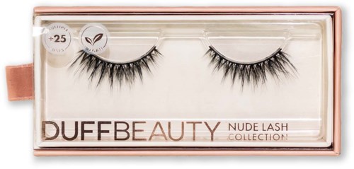 False eyelashes in a clear box with pink edges, labeled 'DUFFBEAUTY NUDE LASH COLLECTION'.