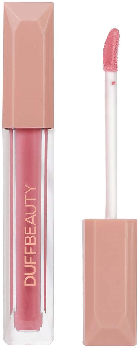 A lip gloss tube with a pink/tan cap and a light pink applicator. It has the brand name "DUFFBEAUTY."