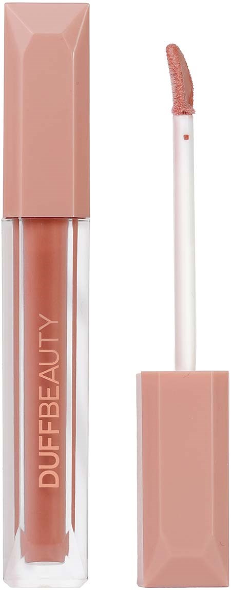 A lip gloss with a pink tube and applicator, labeled 'DUFFBEAUTY'.