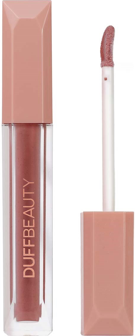 A liquid lip gloss with a pinkish tint in a clear tube and a matching pink cap.