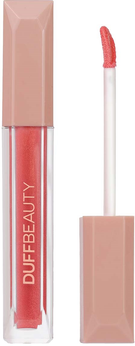 Lip gloss with a pinkish tint, in a clear tube and beige cap, with applicator stick showing pink gloss.