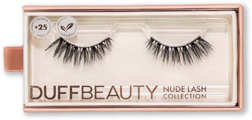 False eyelashes in a box labeled 'DUFFBEAUTY NUDE LASH COLLECTION' with vegan and +25 features.