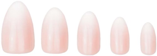 A set of artificial nails in different sizes, from largest to smallest. They are light pink and shiny.