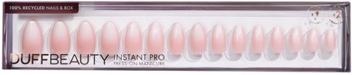 A box of 12 light pink press-on nails labeled 'DUFFBEAUTY INSTANT PRO' for manicures.
