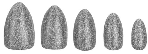 A row of six metallic silver nails from largest to smallest, arranged on a white background.