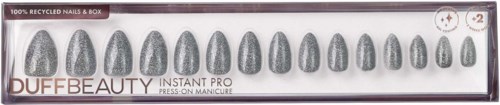 A box of 12 silver nail press-on artificial nails from DUFFBEAUTY, labeled as recycled, instant, with two sizes.