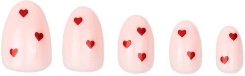 Nail art design with small red hearts on short, light-colored nails arranged in size order.