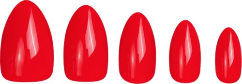 Red painted nails of increasing size from smallest to largest. Simple and neat. On a white background.