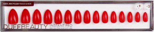 A set of red artificial nails in different sizes inside a transparent box. The box has branding and a label saying "100% recycled nails & box."