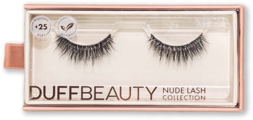 False eyelashes in a pink box labeled DUFFBEAUTY, vegan, and suitable for ages 25 and up.
