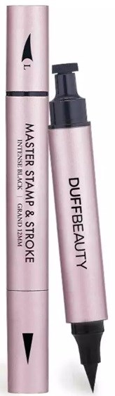 Two pink markers, one with a cap and one with a black tip, labeled 'Master Stamp & Stroke' and 'Dufeebeauty'.