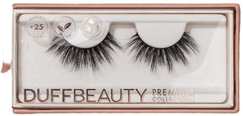 A box of false eyelashes with the brand name DUFFBEAUTY, including icons for durability, natural look, and vegan materials.