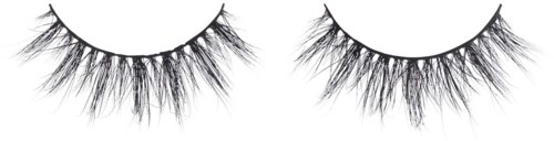 False eyelashes with long, fluffy lashes on a white background. The top part shows a black logo or text.
