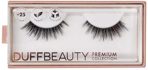 False eyelashes in a pink box labeled DUFFBEAUTY, including symbols for vegan and sustainable. Eyelashes are thick and long.