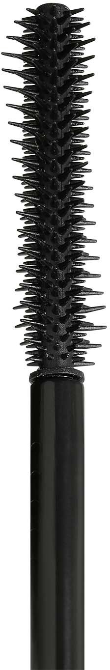 A black mascara wand with many small spikes and a long handle.