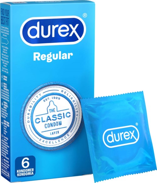 Blaue Box mit Durex-Kondom und einem Kondom außen, Text hebt Komfort und Zuverlässigkeit hervor.