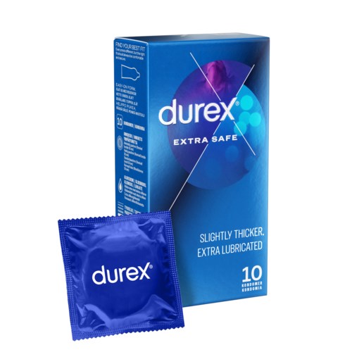 Blaue Schachtel und Kondompackung mit Durex-Logo, beschriftet Extra Safe, 10 Stück, dicker und gleitfähiger.