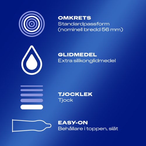 Ein technischer Leitfaden mit Symbolen und schwedischen Beschreibungen für ein Produkt, inklusive Zielgröße, Gleitmittel, Dicke und Deckelhilfe.