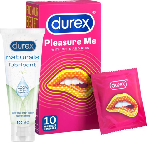 Eine rosa Schachtel mit Durex-Kondomen mit Lippenmuster, eine rosa Kondomverpackung und ein Gleitgel.