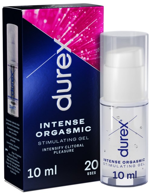 Eine Schachtel und Flasche Durex Intense Orgasmic stimulierende Gel, 10 ml, für gesteigertes Vergnügen bei Intimität.