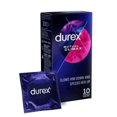 Durex Kondomschachtel mit 10 Kondomen, lila Verpackung, und Slogan über Höhepunkt.