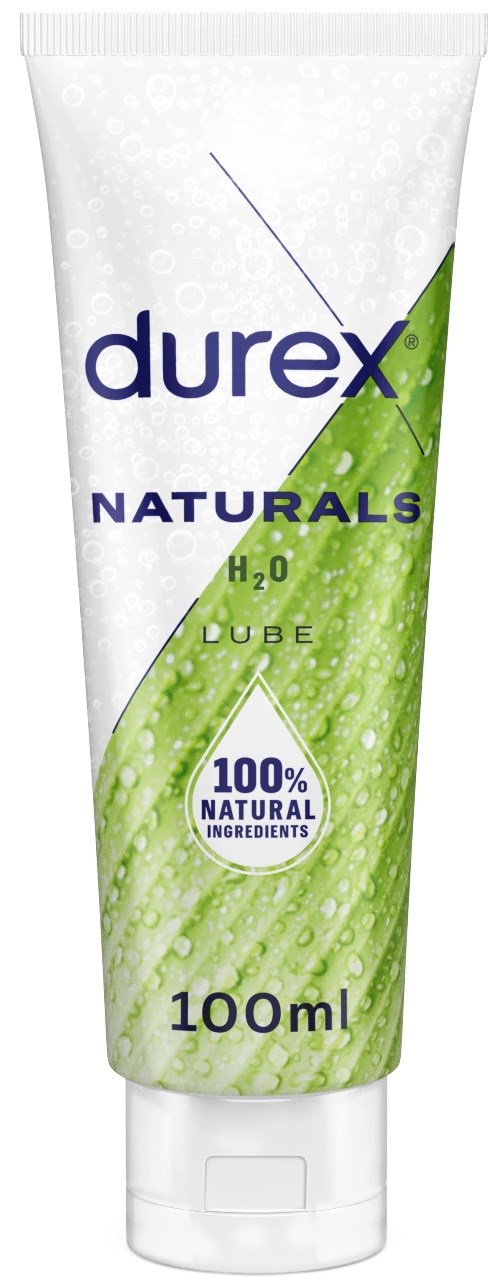 Eine Tube Durex Naturals Gleitgel, 100ml, mit weißem und grünem Design, hebt natürliche Inhaltsstoffe hervor.