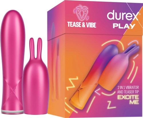Buntes Verpackungsdesign mit Vibrator und Teaser-Spitze, gekennzeichnet als 2-in-1, für Lust und Spass.