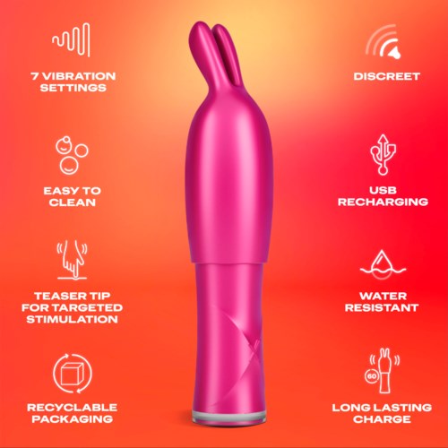 Pinkes Kaninchen-Design mit 7 Vibrationsstufen, dezent, leicht zu reinigen, USB aufladbar, wasserfest, lange Akkulaufzeit, gezielte Stimulation, recyclebare Verpackung.
