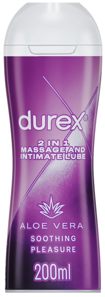 Eine lila und weiße Flasche von Durex Massage- und Intimgel mit Aloe Vera, 200ml.