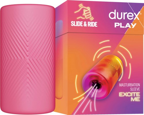 Eine rosa, strukturierte Hülle und eine bunt gestaltete Box mit einem vibrierenden Gerät und energischem Design, die Aufregung fördert.