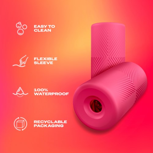 Pinkes Schaumstoffrolle mit Texturen, die Vorteile wie einfache Reinigung, flexible, wasserdichte und recycelbare Verpackung hervorheben.