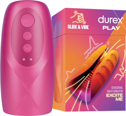 Ein pinkes Vibrationsgerät neben einer Schachtel mit Hotdog-Illustration, gekennzeichnet Durex Play Slide & Vibe.