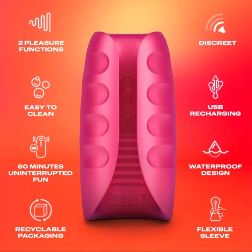 Rosa Gerät mit Funktionen wie Vergnügungsfunktionen, leicht zu reinigen, wasserdicht, USB-aufladbar, flexibel Hülle und diskrektes Design.
