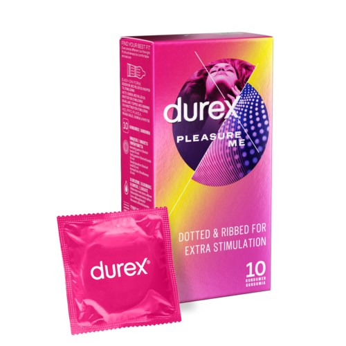 Pinkfarbene Verpackung und Kondom mit buntem Design, beschriftet 'Durex Pleasure Me' und 'Dotted & Ribbed for Extra Stimulation'.