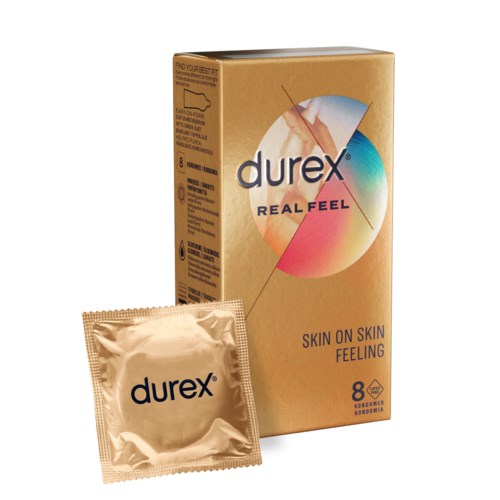 Durex Kondomschachtel mit einem Kondom davor, goldfarben mit buntem Kreisdesign und Text "skin on skin feeling."