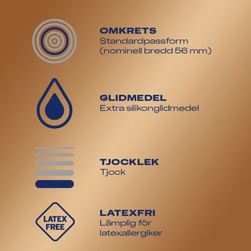 Handschuhanleitung: runde Zielmarke, zusätzliche Silikonschicht, vier Linien für Dicke, latexfrei für Allergien.