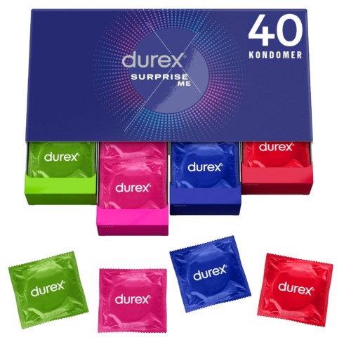 Eine Schachtel mit 40 Durex-Kondomen in bunten Einzelverpackungen in Grün, Pink, Blau und Rot, einige außerhalb der Schachtel.