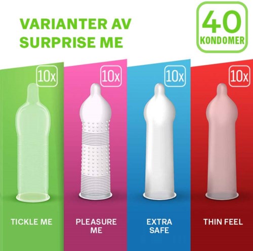 Ein buntes Diagramm zeigt vier verschiedene Flaschen mit Namen: Tickle Me, Pleasure Me, Extra Safe, Thin Feel. Insgesamt 40 Kondome.
