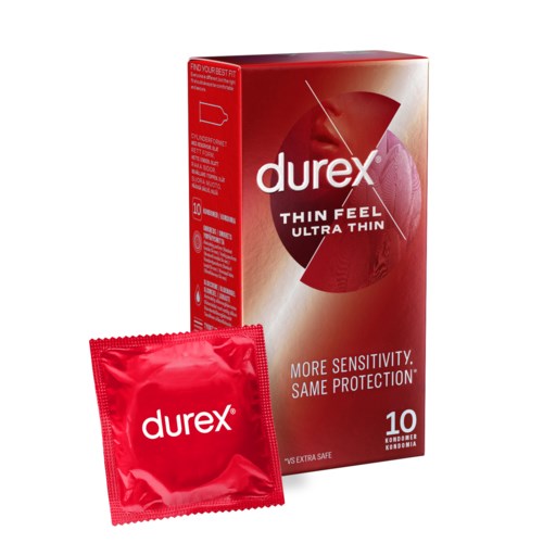Eine rote Verpackung und eine rote Kondomverpackung, beide mit 'Durex' beschriftet, mit der Aufschrift "Thin Feel" und "Ultra Thin".