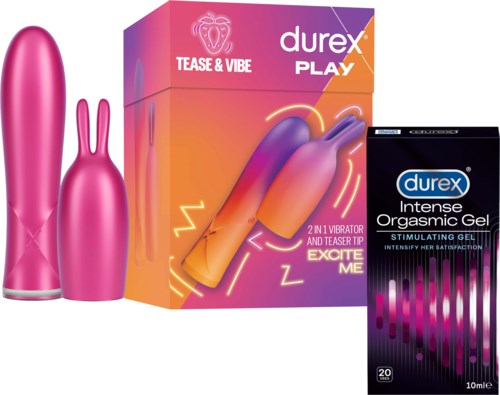 Ein pinker Hasenvibrator, eine pinke Kugel, eine Schachtel Durex Play Vibrator und Durex Intense Orgasmic Gel.