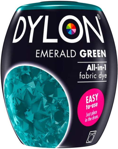 Dylon Emerald Green tygfärgflaska med färgglatt logotyp, visar att den är enkel att använda och passar för alla tygtyper.