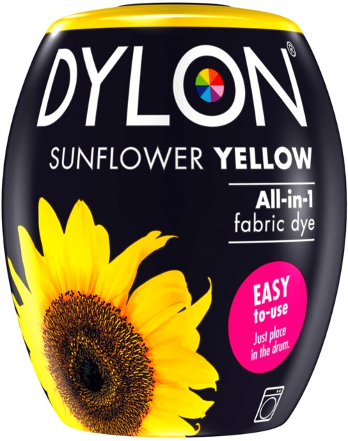 En flaska DYLON solrosgulttygfärgningsmedel med en solros på etiketten och instruktioner för enkel användning.
