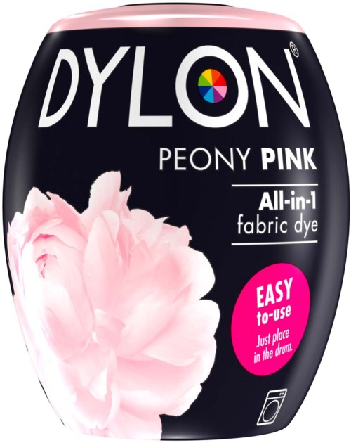En förpackning Dylon textilfärg med en rosa pion och färgglatt logo, märkt som enkel att använda för rosa färgning.