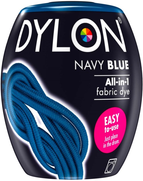 En förpackning med tygfärg i navyblått med en snodd inuti, märkt som enkel att använda och all-in-1-färg.