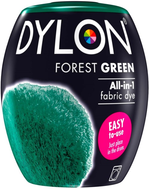 En förpackning med DYLON tygfärg i skoggrönt, med en svamp och instruktioner för enkel användning.