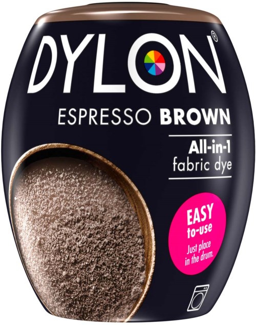 En förpackning med DYLON Espresso Brown tygläggning med en färgglad logga, visar en kaffekopp och indikerar enkel att använda.