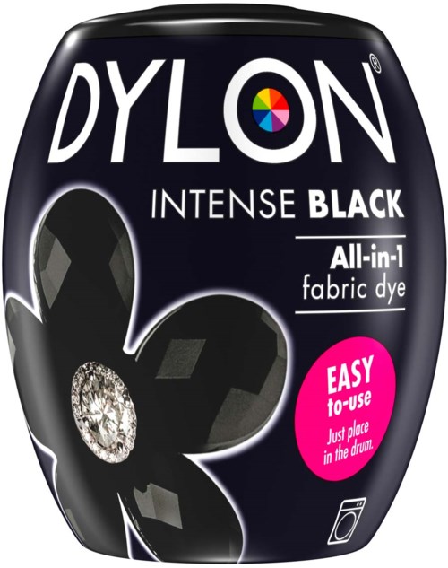 Svart tygfärgningsmedel i flaska märkt DYLON, med rosa cirkel som visar att det är lätt att använda.